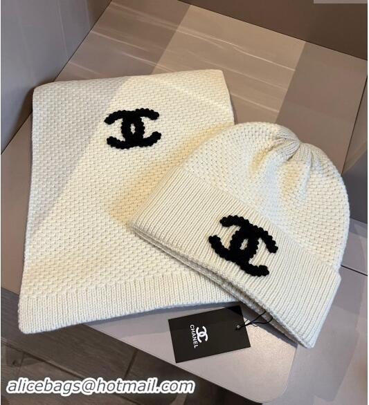 Buy New Cheap Chanel Knit hat and Scarf Set with Maxi CC 1019001 White 2024