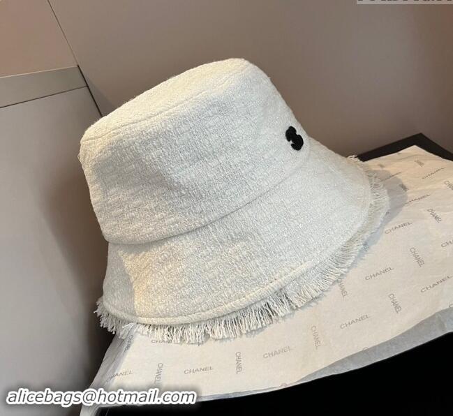 Buy Classic Chanel Tweed Bucket Hat with Fringe 1019002 White 2024