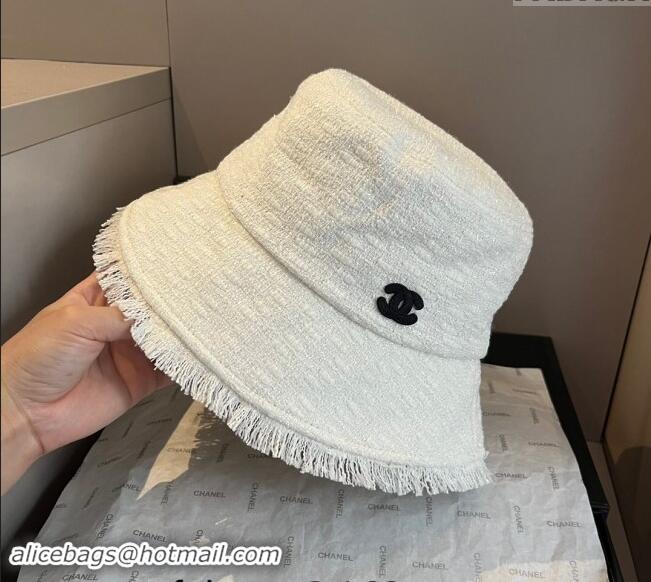 Buy Classic Chanel Tweed Bucket Hat with Fringe 1019002 White 2024