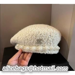 Top Design Chanel Tweed Beret Hat with Pearls 1019006 White 2024