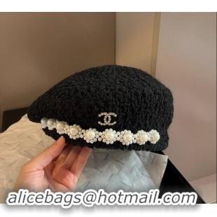 Buy Cheap Chanel Tweed Beret Hat with Pearls 1019010 Black 2024