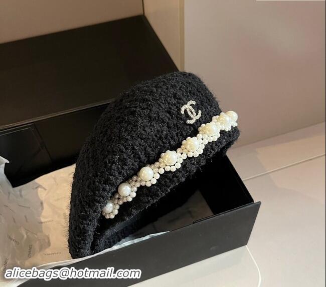 Buy Cheap Chanel Tweed Beret Hat with Pearls 1019010 Black 2024