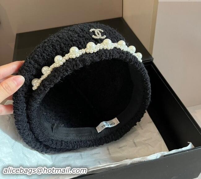 Buy Cheap Chanel Tweed Beret Hat with Pearls 1019010 Black 2024