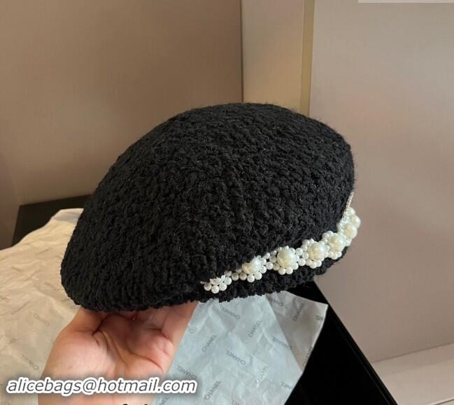 Buy Cheap Chanel Tweed Beret Hat with Pearls 1019010 Black 2024