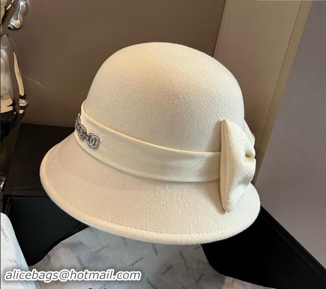 Well Crafted Chanel Wool Bucket Hat with CC Chain and Bow 1019010 White 2024