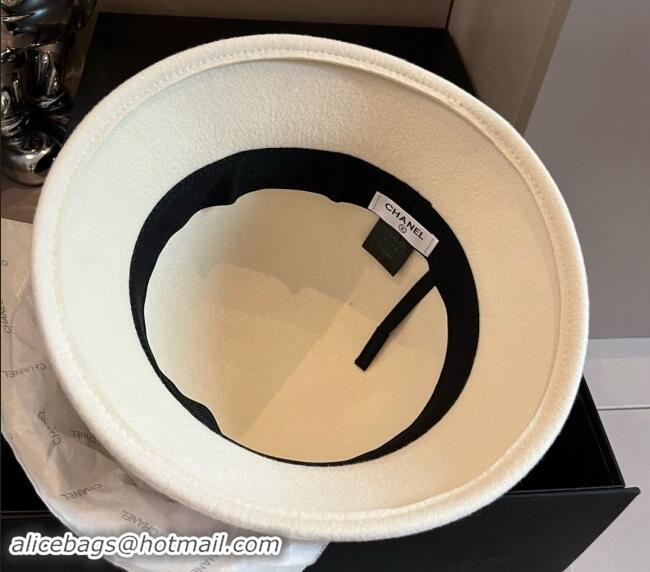 Well Crafted Chanel Wool Bucket Hat with CC Chain and Bow 1019010 White 2024