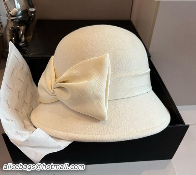 Well Crafted Chanel Wool Bucket Hat with CC Chain and Bow 1019010 White 2024