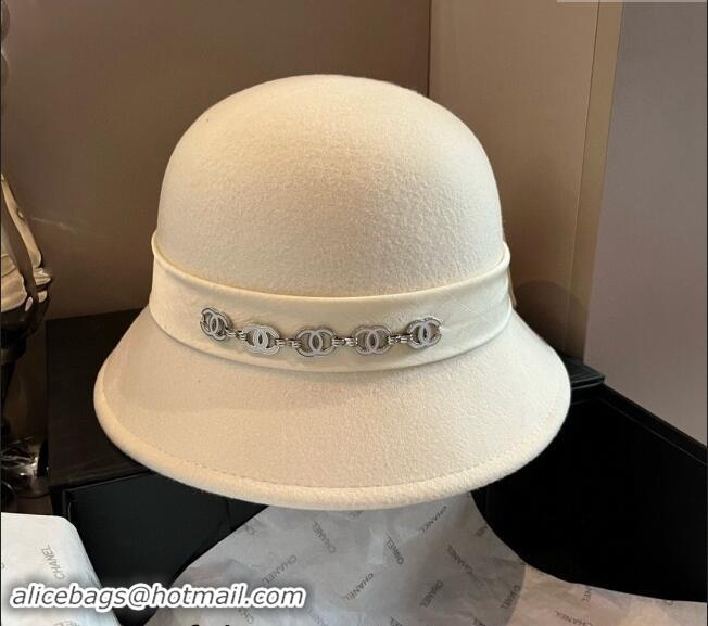 Well Crafted Chanel Wool Bucket Hat with CC Chain and Bow 1019010 White 2024