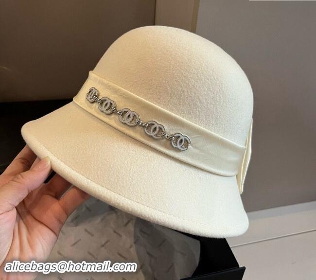 Well Crafted Chanel Wool Bucket Hat with CC Chain and Bow 1019010 White 2024