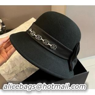 Well Crafted Chanel Wool Bucket Hat with CC Chain and Bow 1019010 Black 2024