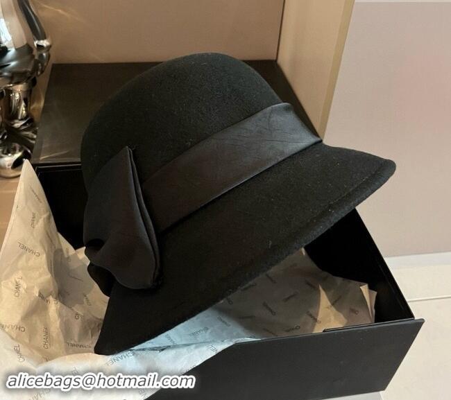 Well Crafted Chanel Wool Bucket Hat with CC Chain and Bow 1019010 Black 2024