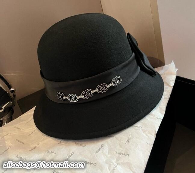 Well Crafted Chanel Wool Bucket Hat with CC Chain and Bow 1019010 Black 2024