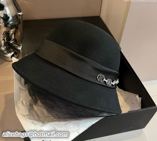 Well Crafted Chanel Wool Bucket Hat with CC Chain and Bow 1019010 Black 2024