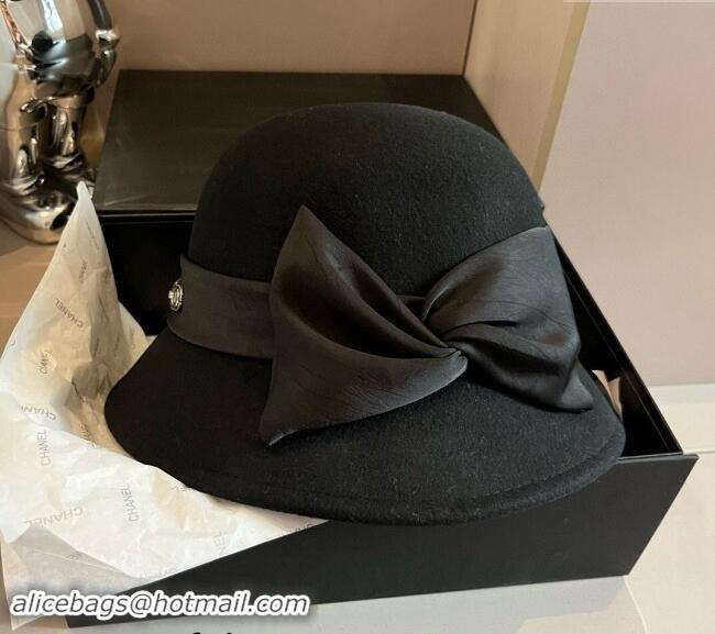 Well Crafted Chanel Wool Bucket Hat with CC Chain and Bow 1019010 Black 2024