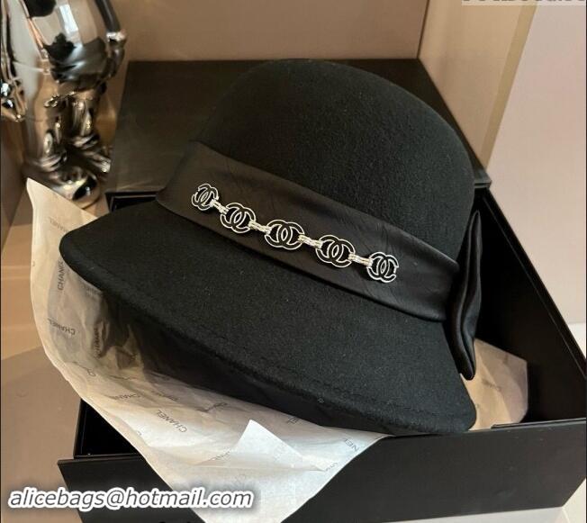 Well Crafted Chanel Wool Bucket Hat with CC Chain and Bow 1019010 Black 2024