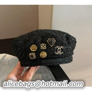 Low Cost Chanel Tweed Beret Hat with Charm 1019013 Black 2024