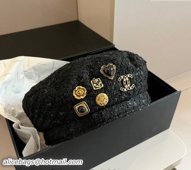 Low Cost Chanel Tweed Beret Hat with Charm 1019013 Black 2024