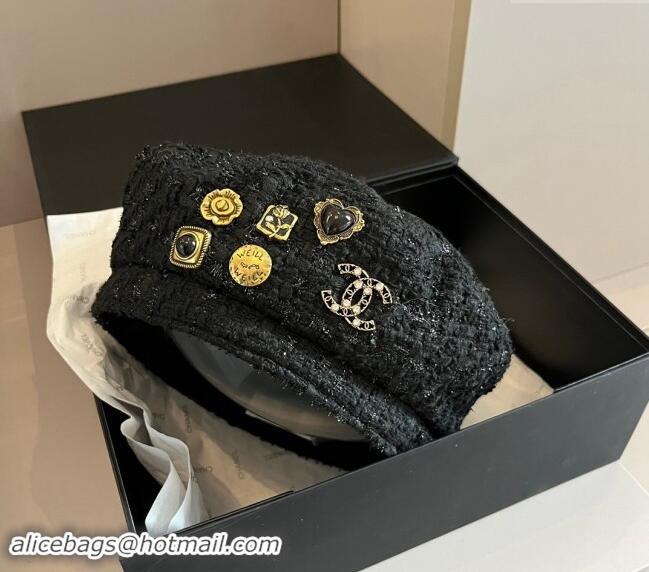 Low Cost Chanel Tweed Beret Hat with Charm 1019013 Black 2024