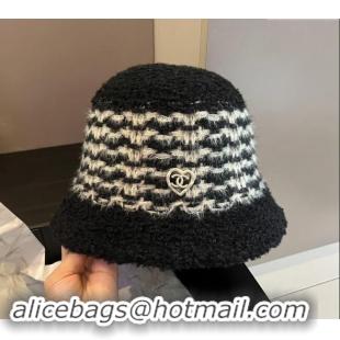 Best Quality Chanel Heart Shearling Fur Bucket Hat 1019016 Black 2024