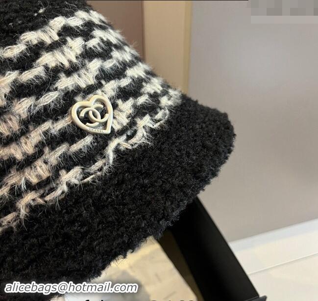 Best Quality Chanel Heart Shearling Fur Bucket Hat 1019016 Black 2024