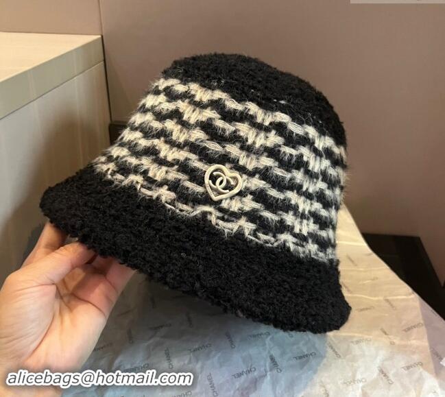 Best Quality Chanel Heart Shearling Fur Bucket Hat 1019016 Black 2024