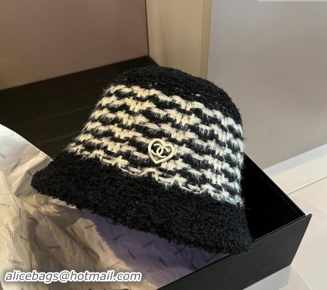 Best Quality Chanel Heart Shearling Fur Bucket Hat 1019016 Black 2024