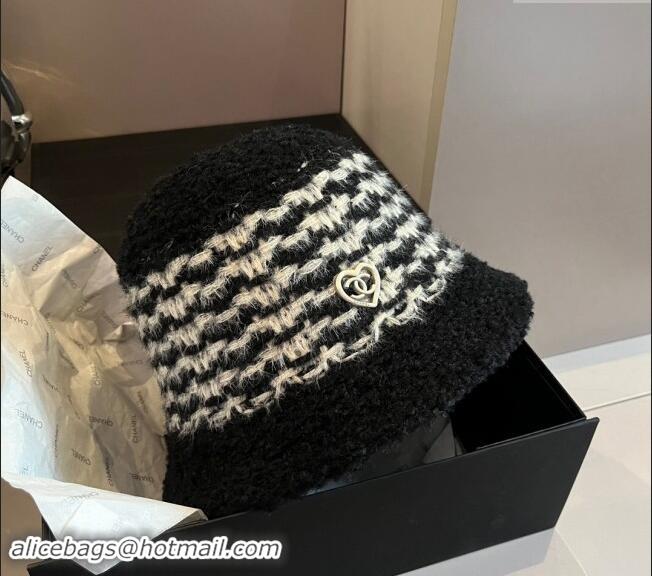 Best Quality Chanel Heart Shearling Fur Bucket Hat 1019016 Black 2024