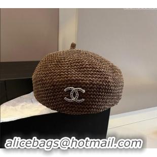 Best Price Chanel Knit Beret Hat with Strass CC 1019017 Brown 2024