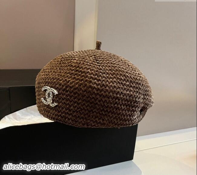 Best Price Chanel Knit Beret Hat with Strass CC 1019017 Brown 2024