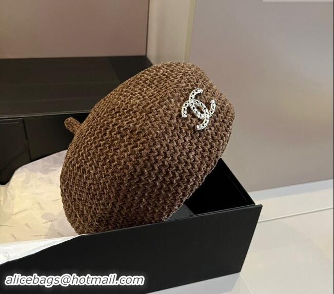 Best Price Chanel Knit Beret Hat with Strass CC 1019017 Brown 2024