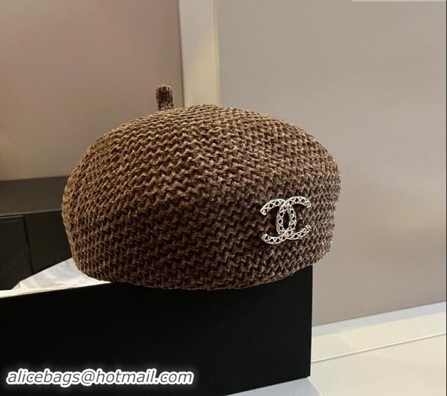 Best Price Chanel Knit Beret Hat with Strass CC 1019017 Brown 2024