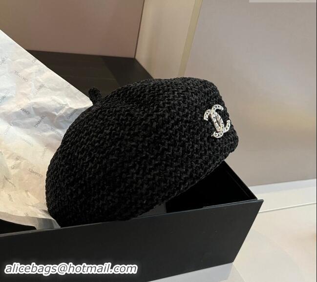 Super Quality Chanel Knit Beret Hat with Strass CC 1019017 Black 2024