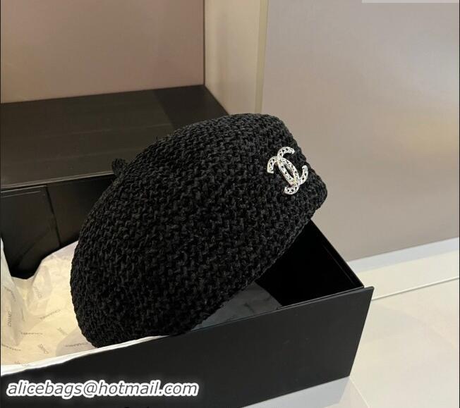 Super Quality Chanel Knit Beret Hat with Strass CC 1019017 Black 2024