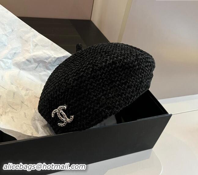 Super Quality Chanel Knit Beret Hat with Strass CC 1019017 Black 2024