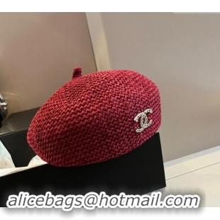 Best Price Chanel Knit Beret Hat with Strass CC 1019017 Red 2024