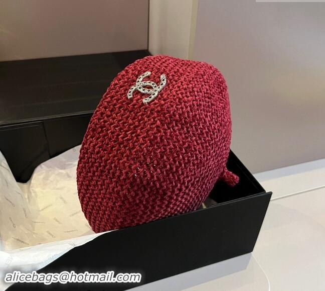 Best Price Chanel Knit Beret Hat with Strass CC 1019017 Red 2024