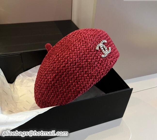 Best Price Chanel Knit Beret Hat with Strass CC 1019017 Red 2024