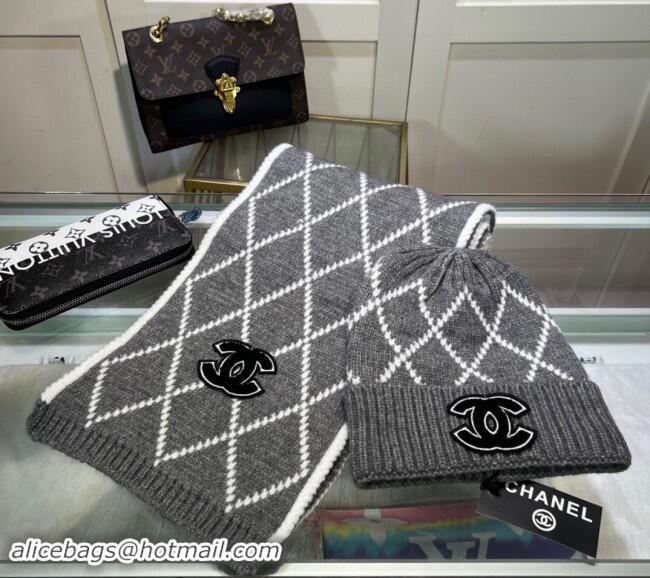 Best Price Chanel Chevron Long Scarf and Hat Set CH102111 Grey 2024