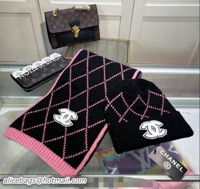 Good Taste Chanel Chevron Long Scarf and Hat Set CH102111 Pink/Black 2024