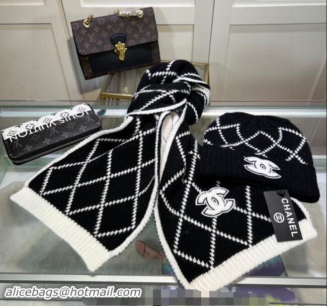 Cheapest Chanel Chevron Long Scarf and Hat Set CH102111 Black/White 2024