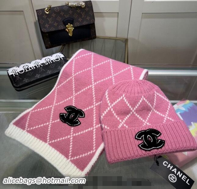 Most Popular Chanel Chevron Long Scarf and Hat Set CH102111 Pink/White 2024