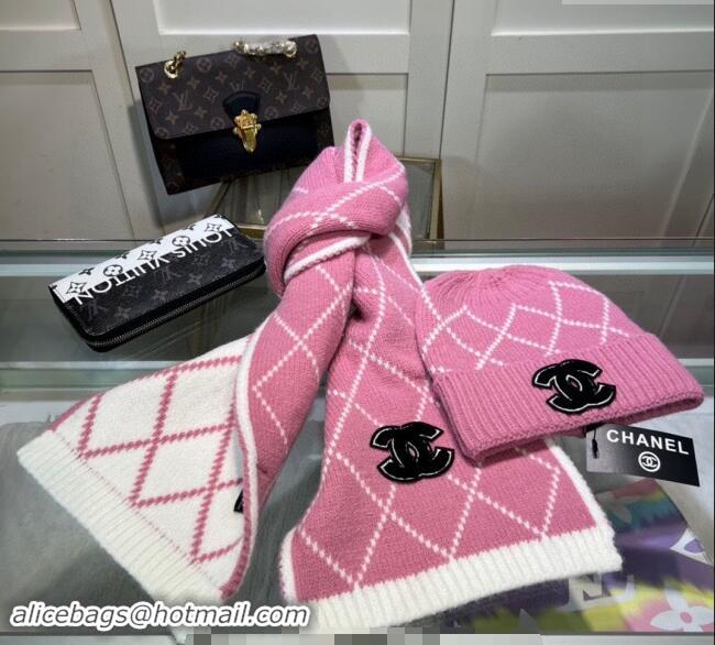 Most Popular Chanel Chevron Long Scarf and Hat Set CH102111 Pink/White 2024