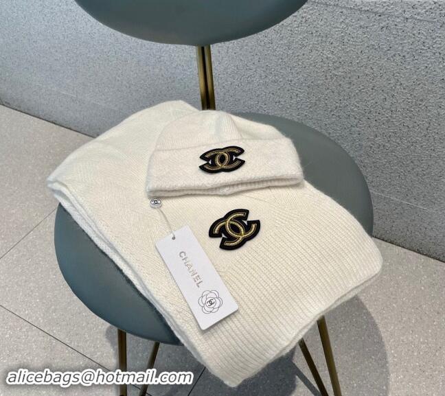 Best Price Chanel Cashmere Knit Long Scarf and Hat Set CH102112 White 2024