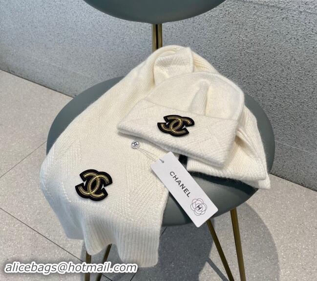 Best Price Chanel Cashmere Knit Long Scarf and Hat Set CH102112 White 2024