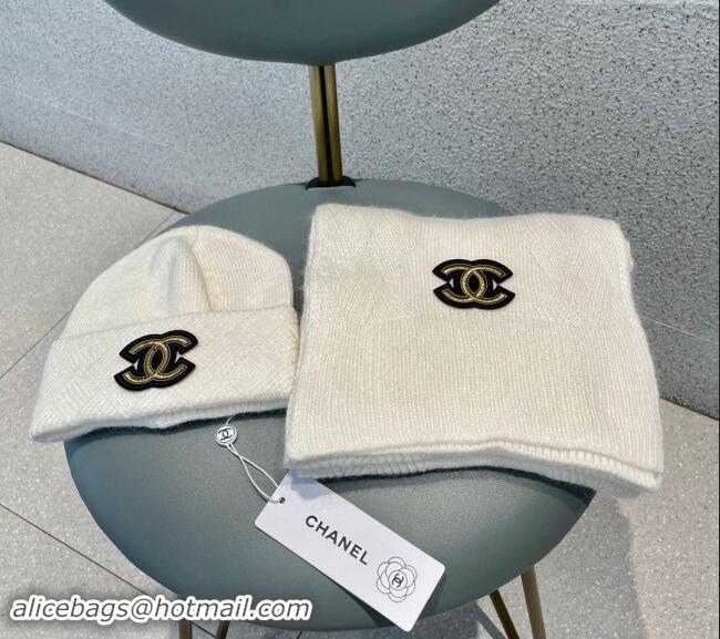 Best Price Chanel Cashmere Knit Long Scarf and Hat Set CH102112 White 2024