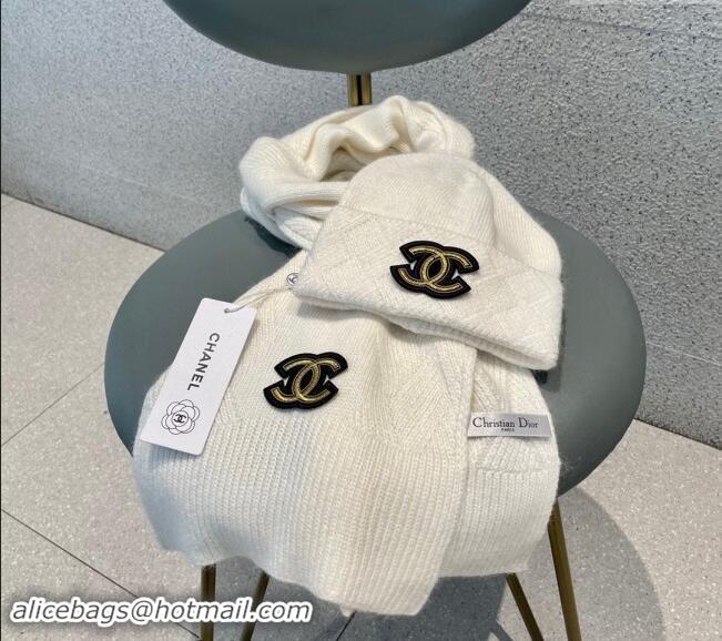 Best Price Chanel Cashmere Knit Long Scarf and Hat Set CH102112 White 2024