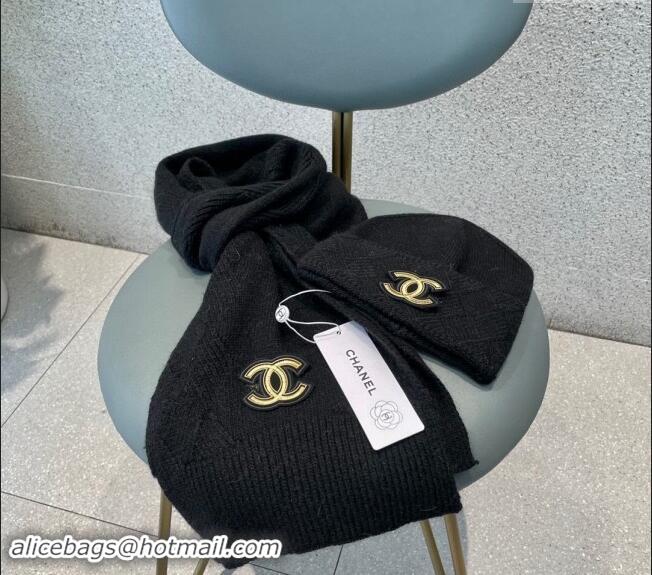 Luxury Cheap Chanel Cashmere Knit Long Scarf and Hat Set CH102112 Black 2024