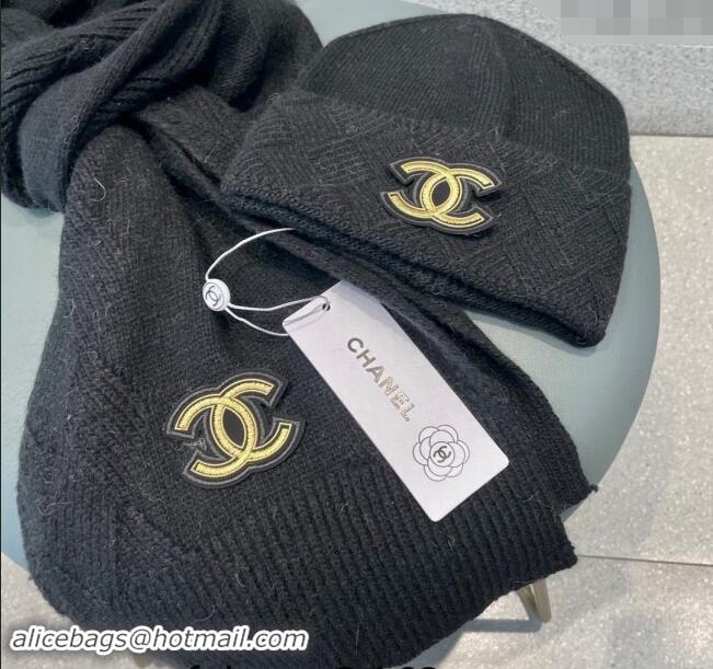 Luxury Cheap Chanel Cashmere Knit Long Scarf and Hat Set CH102112 Black 2024