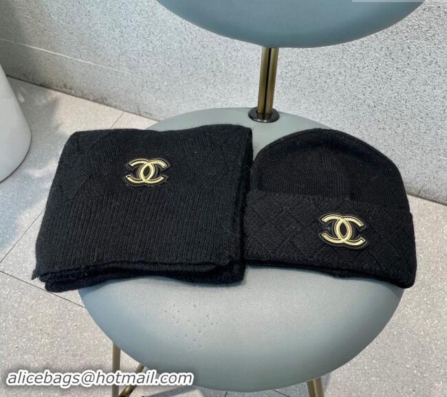 Luxury Cheap Chanel Cashmere Knit Long Scarf and Hat Set CH102112 Black 2024