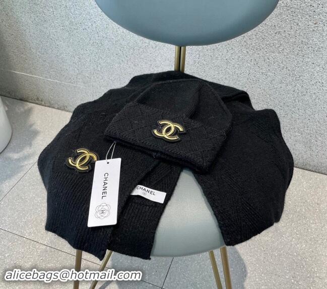 Luxury Cheap Chanel Cashmere Knit Long Scarf and Hat Set CH102112 Black 2024